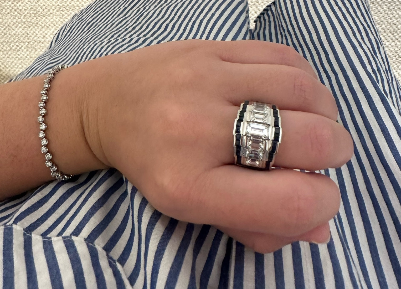 Blue Sapphire and Emerald Cut Diamond Art Deco Ring