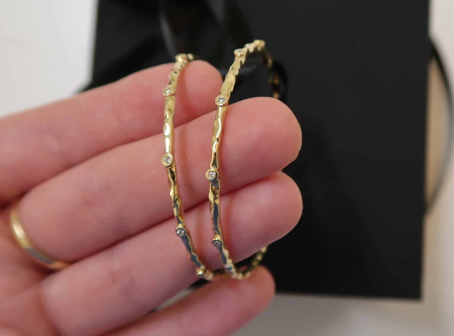 Hammered Diamond Bezel Hoop Earrings